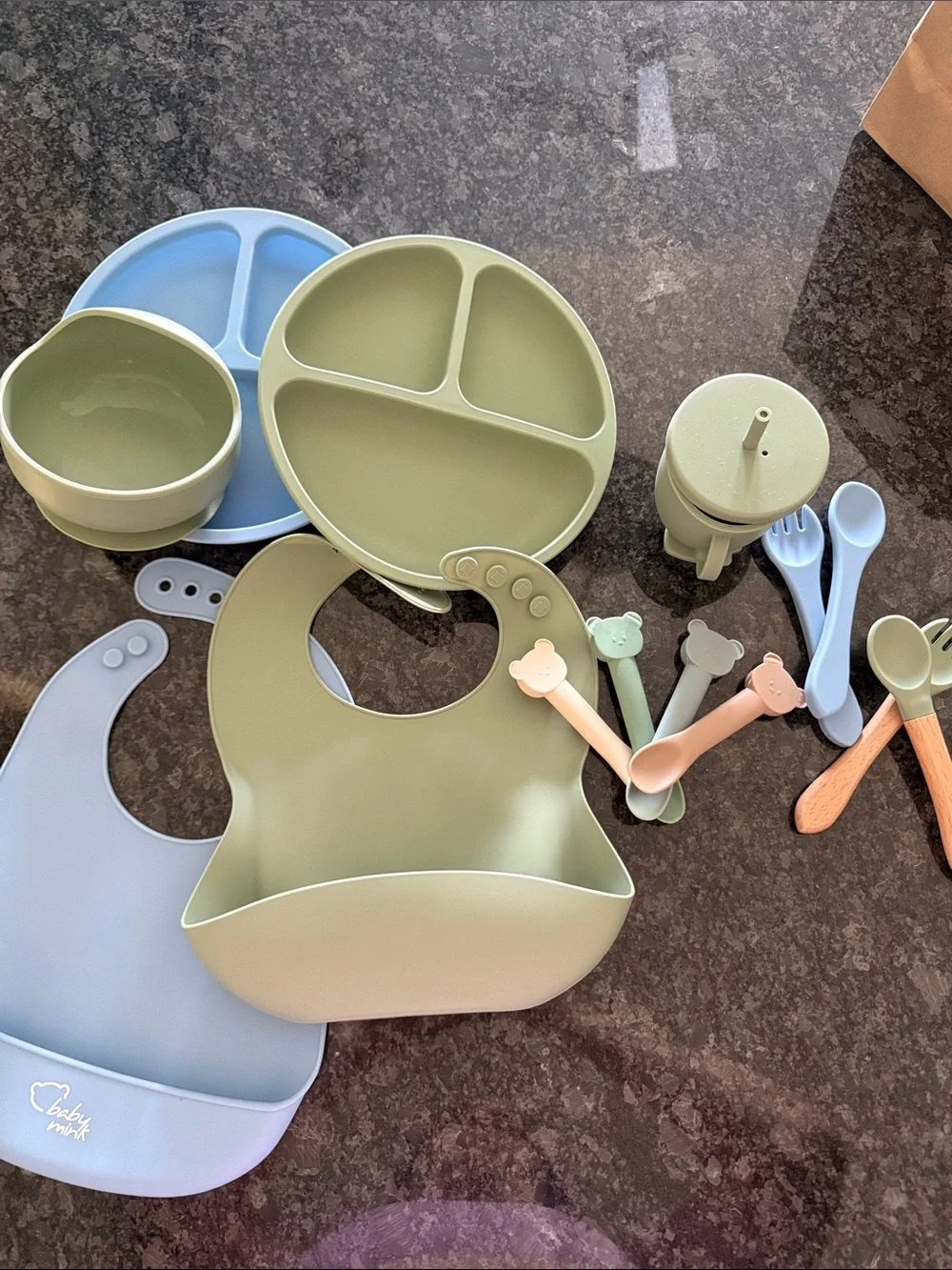 Silicone Baby Bib & Feeding Set in Olive Green and Powder Blue